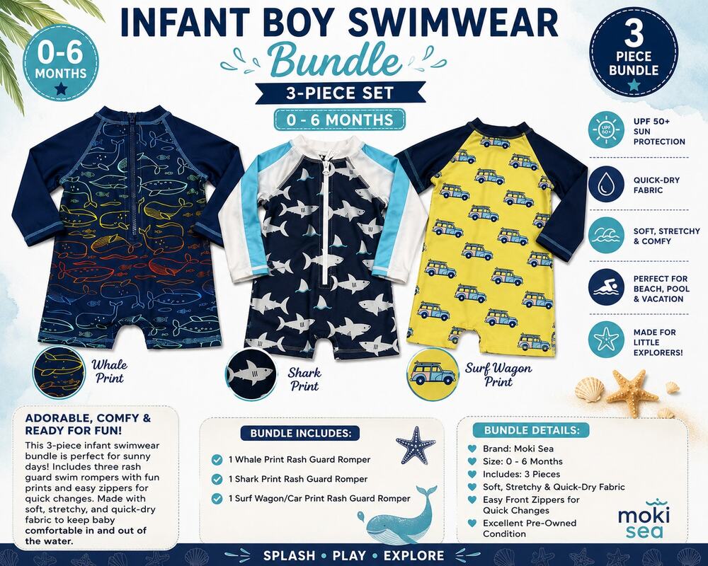 Moki Sea Infant Boy Swimwear Bundle 0-6 Months | 3 Rash Guard Swimsuits  UPF